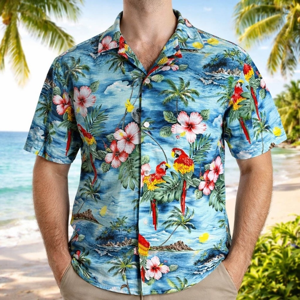 Aloha Republic Hawaiian Aloha‎ Shirt Large Parrots Palms Hibiscus Flowers